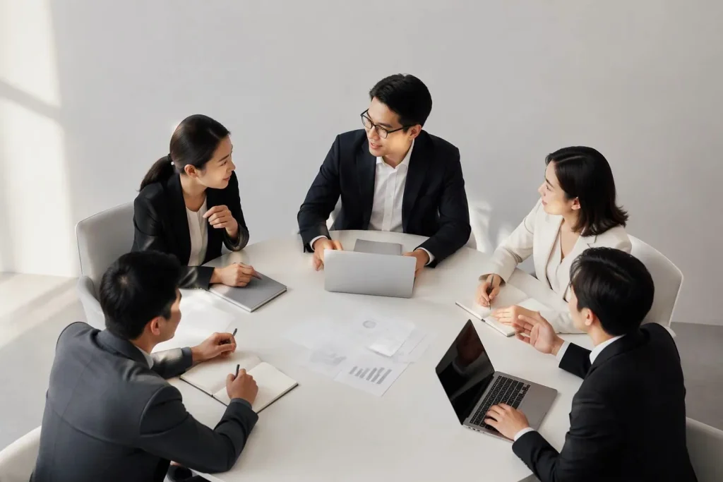 关于我们配图：明亮会议室内，数位商务人士围坐白色圆桌，桌上有笔记本电脑与资料，正在沟通讨论